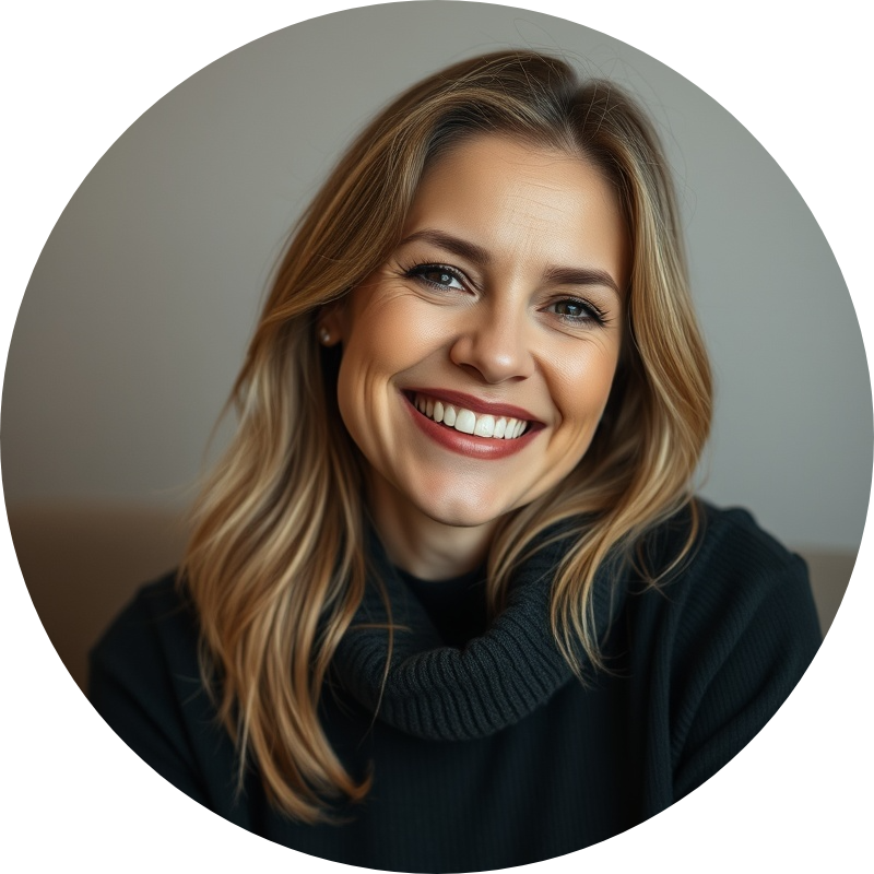 Smiling 38-year-old woman radiating positivity and confidence.