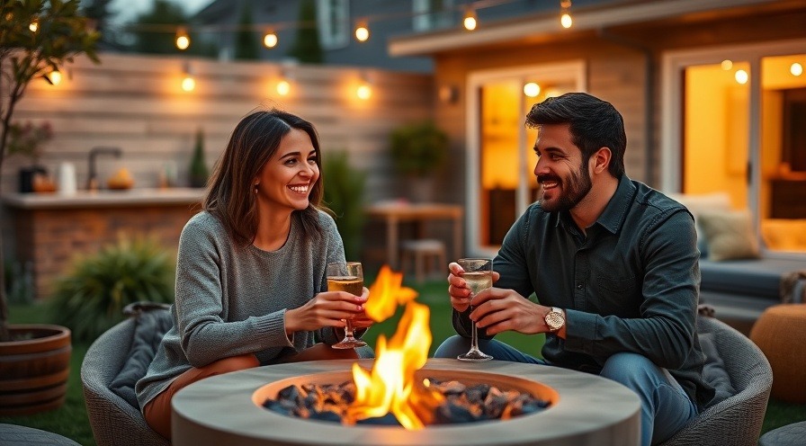 Smiling couple enjoying drinks by a firepit in a stylish backyard at dusk.