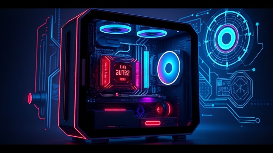 Futuristic desktop PC with glowing circuitry and AI interfaces in a modern cyber-tech style.