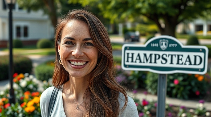 Smiling woman comparing Leland and Hampstead signs, embodying the North Carolina coastal lifestyle.