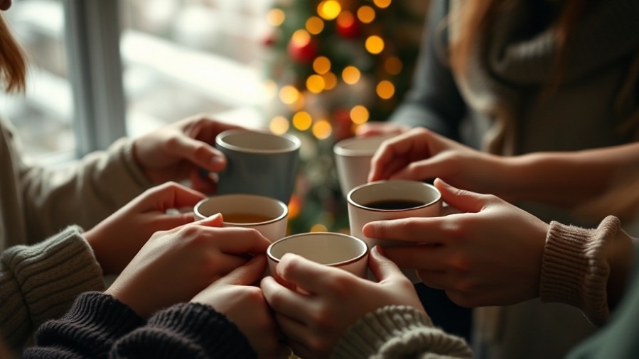 Diverse hands holding warm mugs, cozy holiday feel, genuine connection in intimate setting.