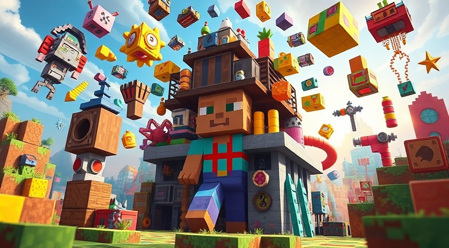 Vibrant Minecraft scene of character building with floating ideas and colorful tools.
