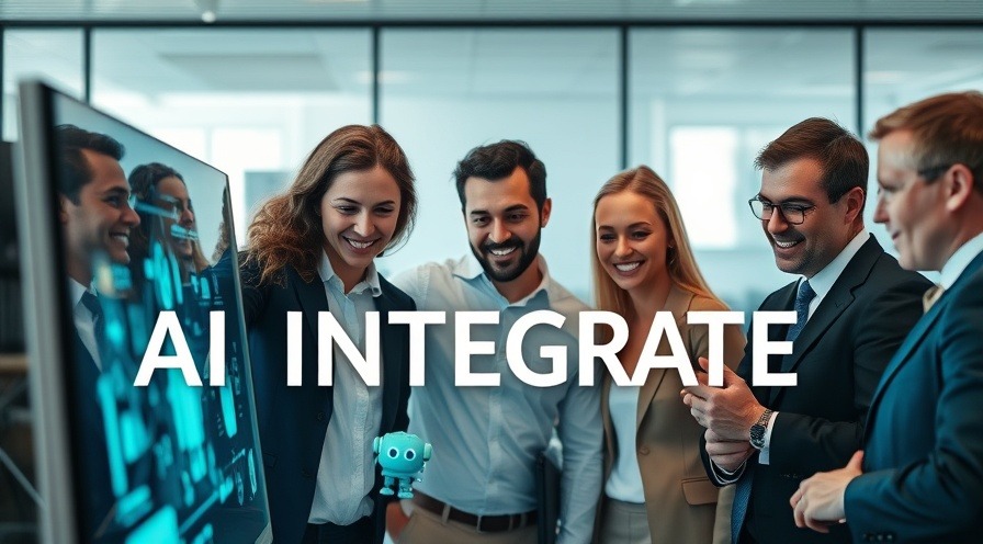 Diverse professionals collaborating with friendly AI in a sleek office, embracing 'AI INTEGRATE'.