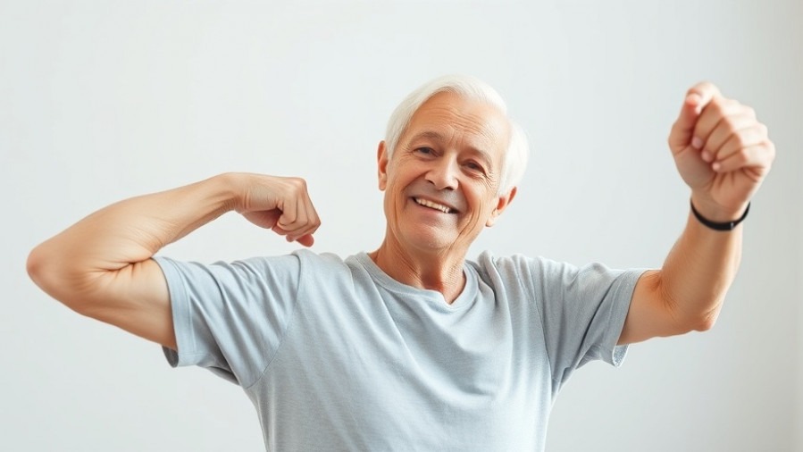 Fit senior smiling while doing chair fitness exercises, showcasing ease of movement.