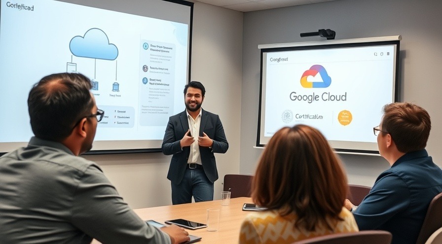 Professional leading team meeting with Google Cloud architecture diagram.