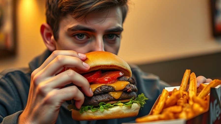 Young man enjoys a hearty burger and fries, reflecting on his healthy eating plan.