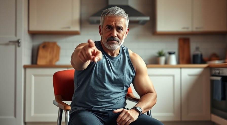Fitness trainer demonstrating senior citizen exercises in a warm kitchen setting.