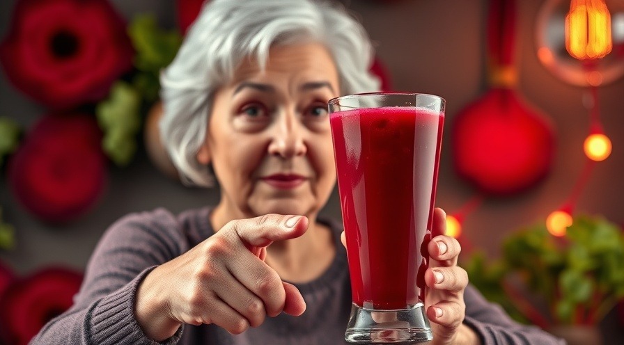 Older woman points to red beet juice, showcasing holistic solutions and vibrant health.