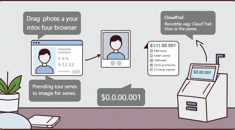 Cartoon storyboard of a user dragging a photo, showcasing IAM, CloudTrail, and cost tracking.