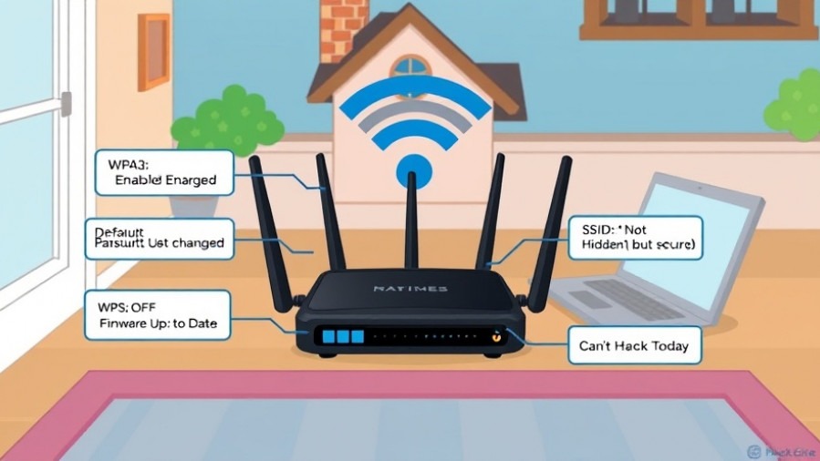 Cartoon Wi-Fi setup illustration with security features and a neighbor's laptop.