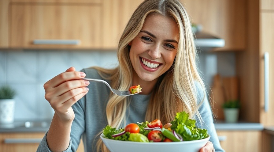 Joyful woman enjoying a fresh salad, embodying natural detoxification and healthy lifestyle choices.