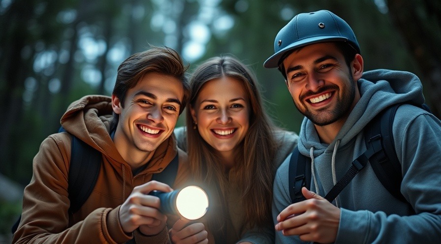 Young explorers smiling with a flashlight.