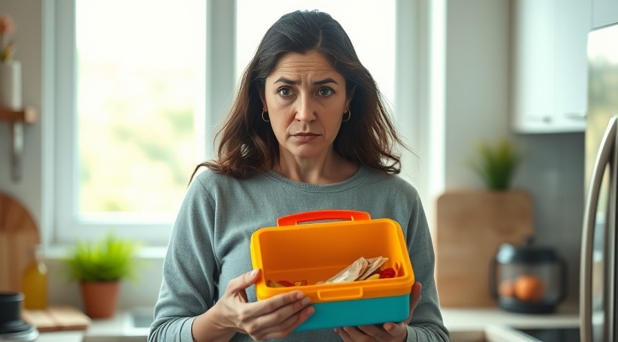 Concerned mother in a modern kitchen holding a colorful lunchbox, reflecting on health risks of food additives.