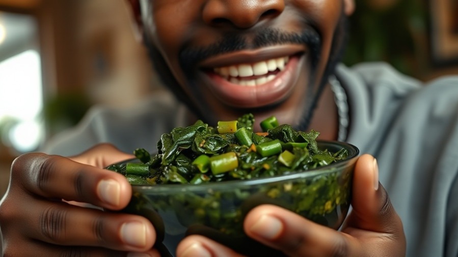 African American nutrition: a person enjoys healthy vegan soul food collard greens.