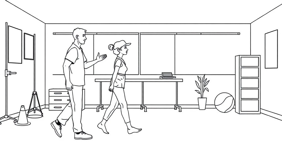 Line drawing of stroke recovery with patient and therapist in dynamic walking exercise.