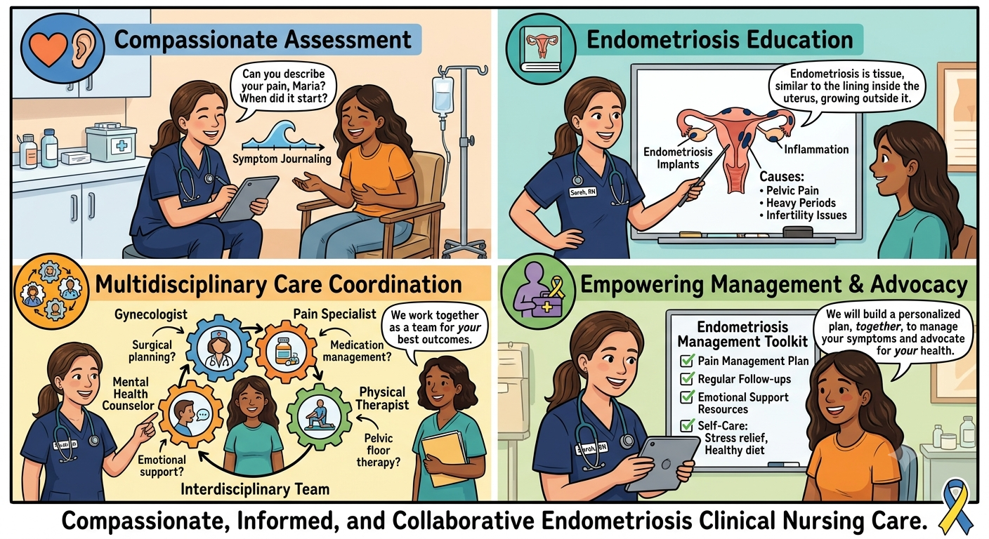 Educational cartoon on endometriosis clinical nursing care.