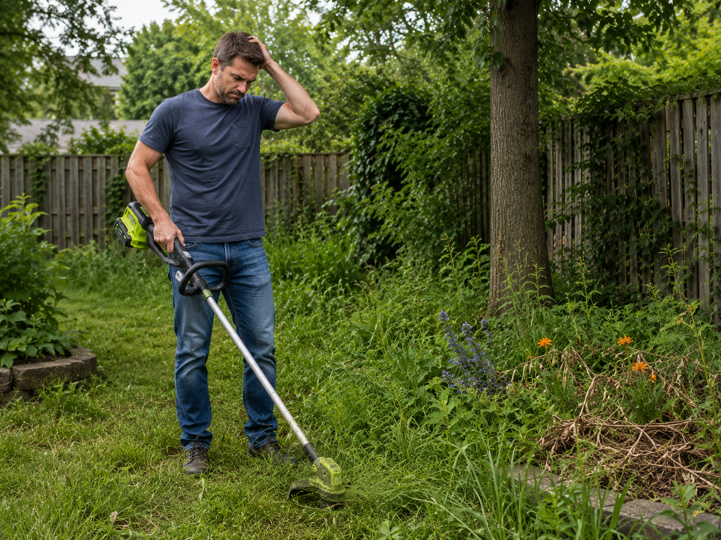 A man trimming overgrown backyard weeds