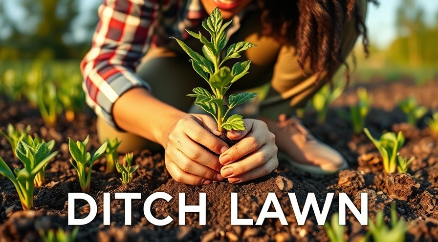 Joyful gardener kneeling with a sapling in soft natural light, DITCH LAWN.