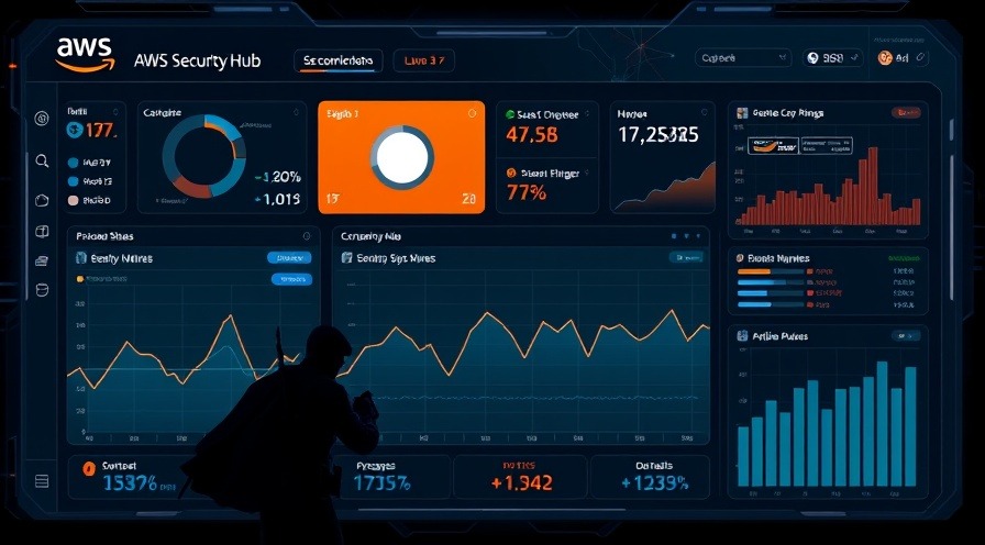 Futuristic AWS Security Hub dashboard with sleek graphs and superhero motifs