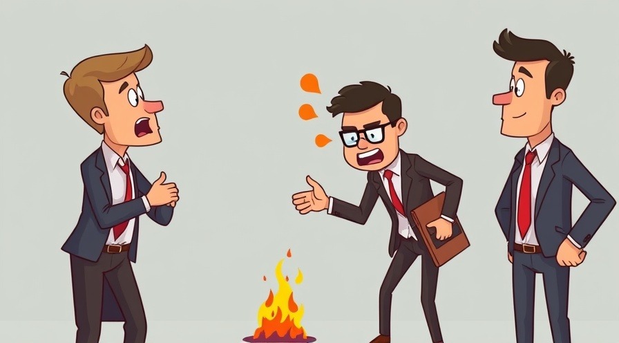 Business cartoon: two professionals handle conflict while a third smothers a tiny fire.