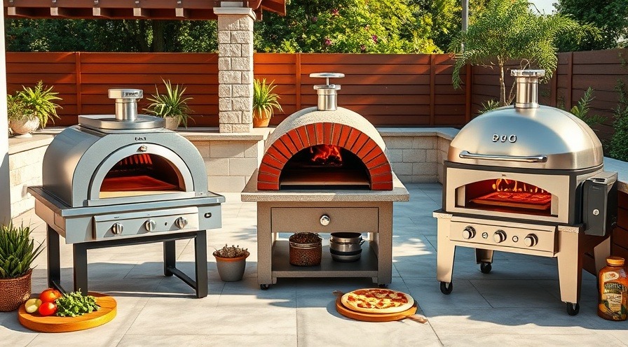 Photorealistic pizza oven buying comparison in a luxury outdoor kitchen.