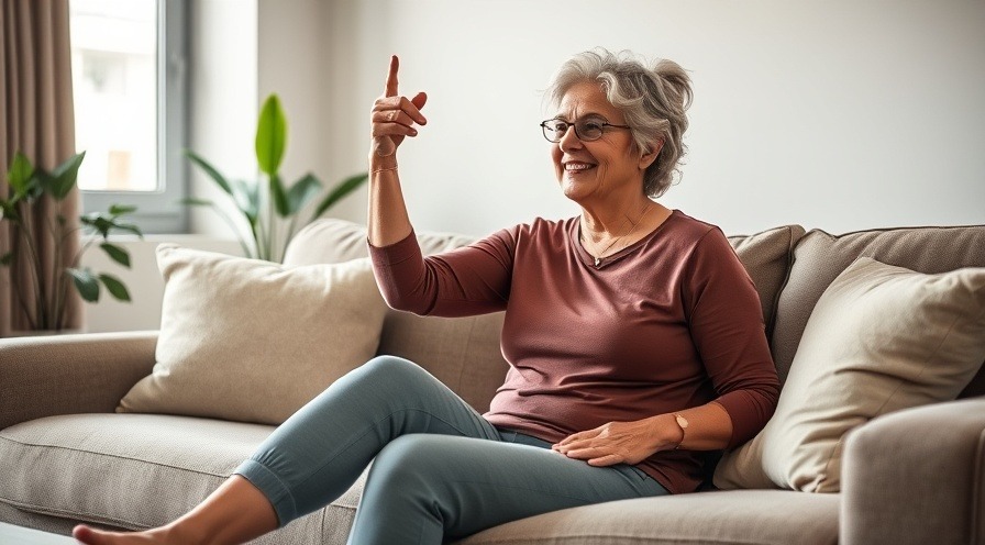 middle aged woman on a couch ready for seated workouts for pain relief.
