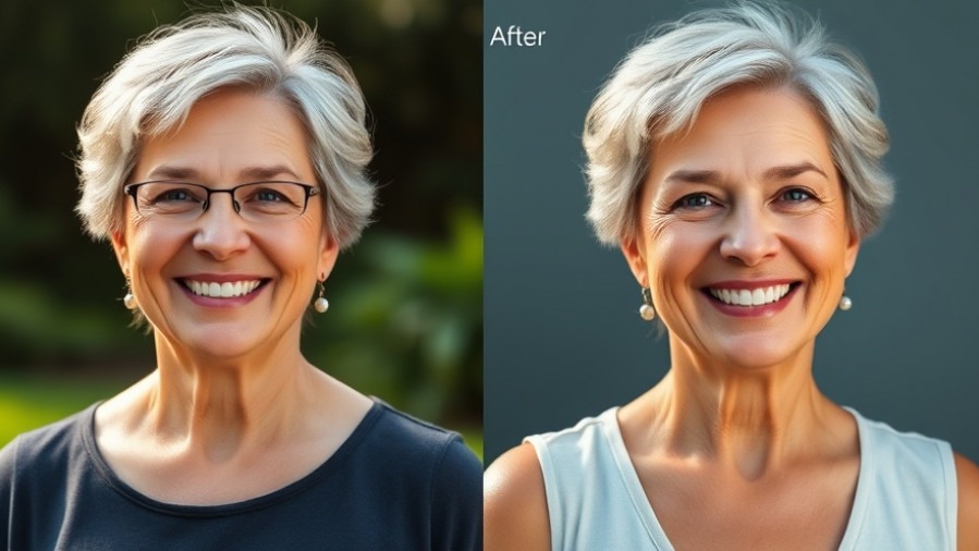 Before and after of a middle-aged woman on her weight loss journey, smiling and relaxed.