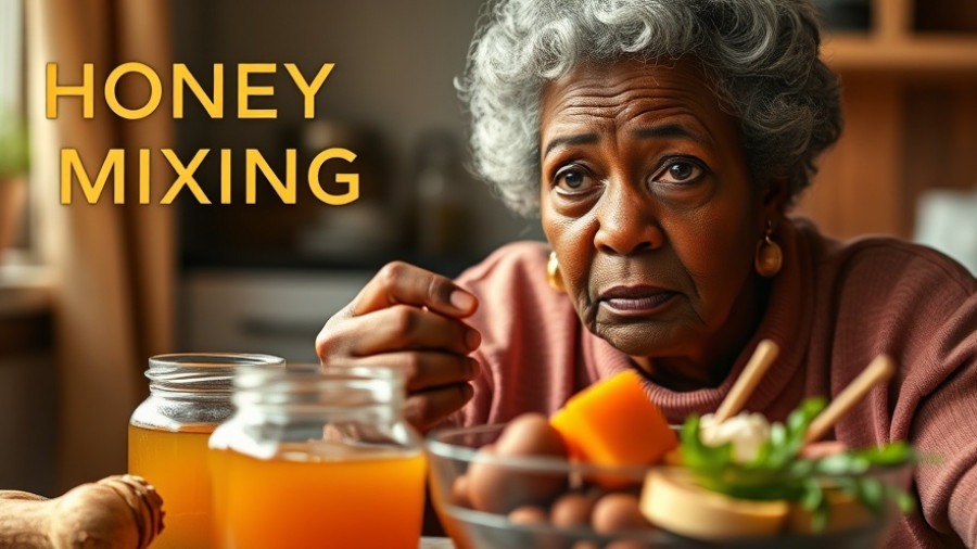 Senior black female contemplating toxic food combinations with honey in a soft morning light.