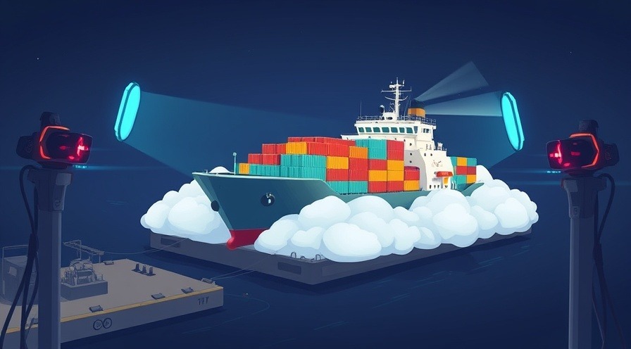Cartoon-style container ship with suspicious cargo being scanned at a cloud dock.
