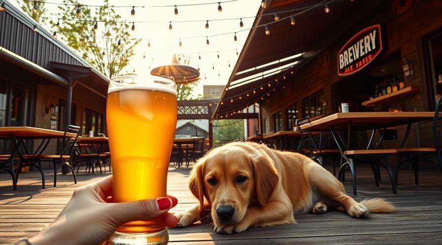 Golden retriever relaxed under café table on sunny brewery patio, warm light.