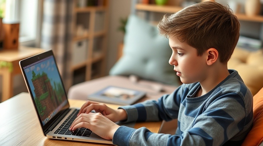 Teenage boy playing Minecraft on his laptop enthusiastically.