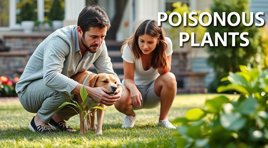 Worried homeowner with dog in bright yard, concerned about poisonous plants.