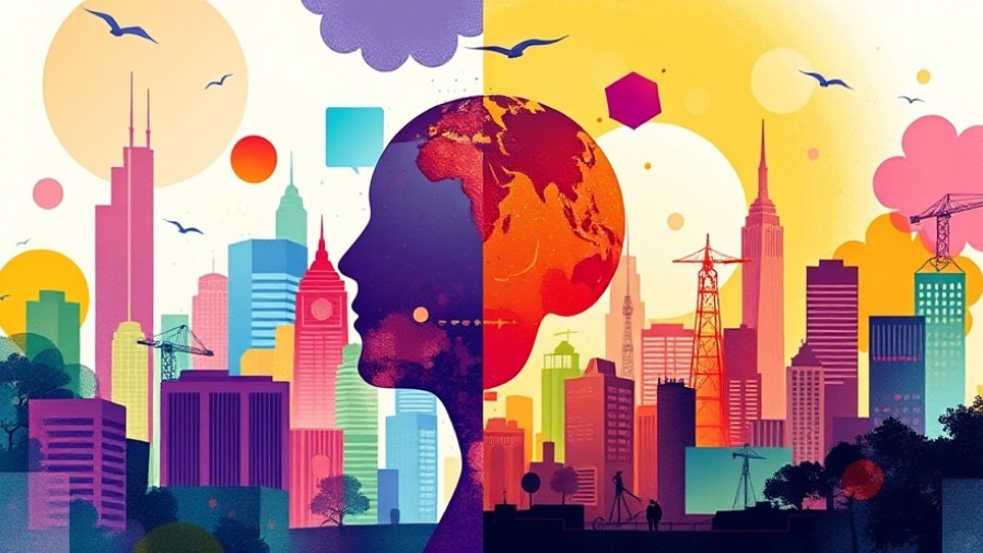 Colorful digital art blending high-rise living and green spaces for mental well-being.