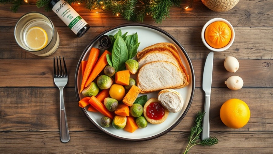 Balanced holiday dinner plate with roasted veggies and treats, styled for health.