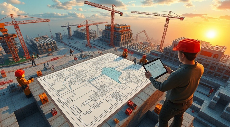 Cinematic bird’s-eye view of a Minecraft construction site blending with a real-world office.