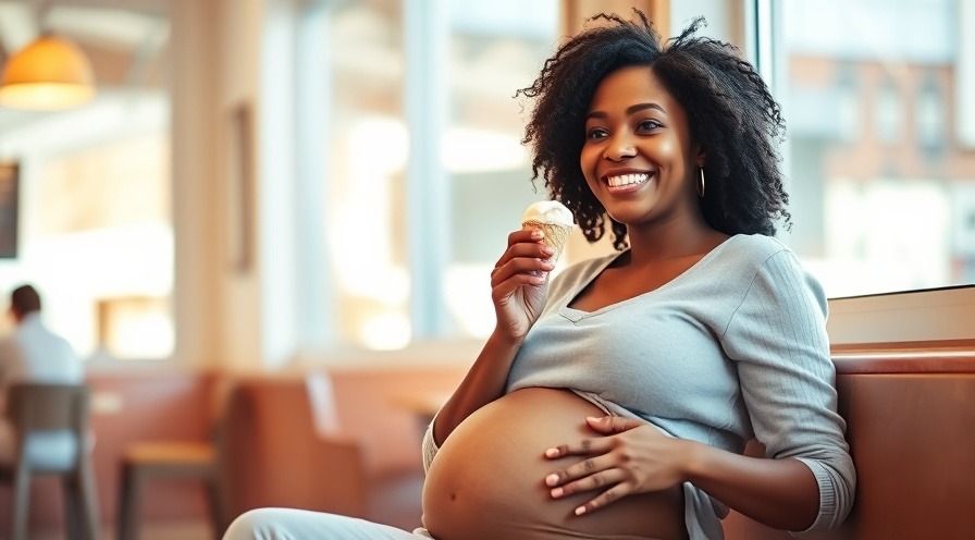 Expectant mother enjoying ice cream, balancing healthy swaps during hormonal changes.