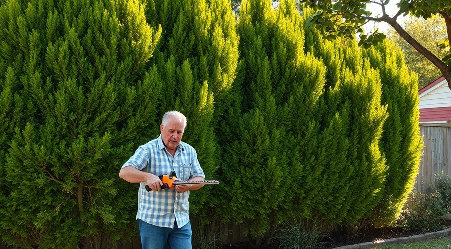 Frustrated homeowner trimming overgrown privacy hedges in a photorealistic suburban backyard.