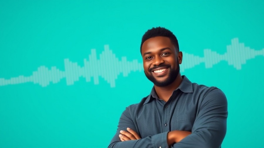 Smiling man promoting celery nutrition on a healthcare podcast, vibrant teal backdrop.