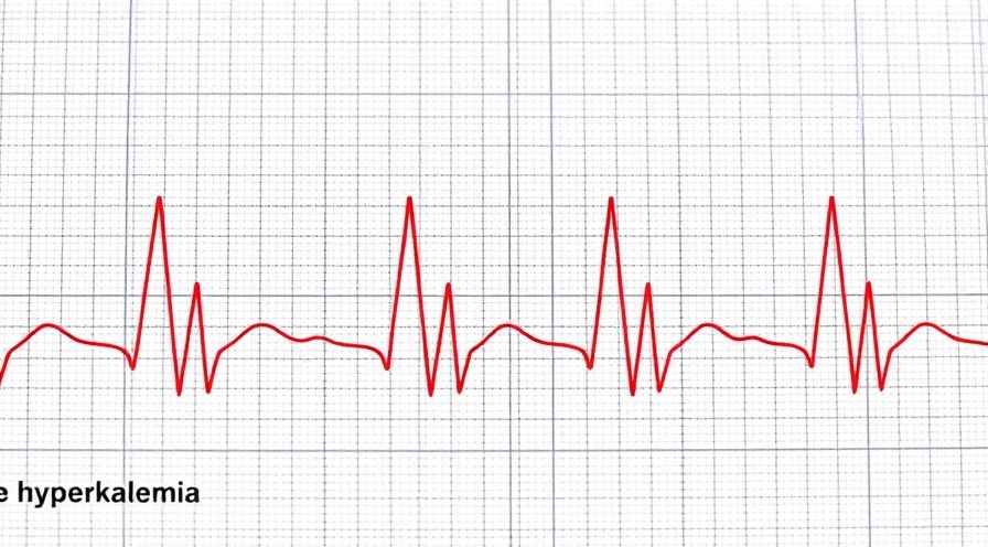 Detailed EKG readout highlighting hyperkalemia signs with red waveform lines.