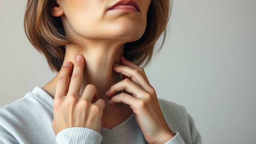 Concerned woman touching her neck, reflecting thyroid health issues and fatigue symptoms.
