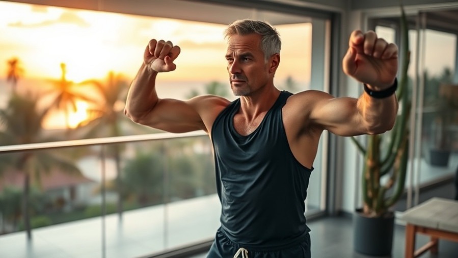 Athletic man doing senior mobility fitness exercises in a modern setting.