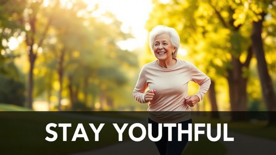Joyful elderly woman jogging in the park, promoting longevity lifestyle choices.