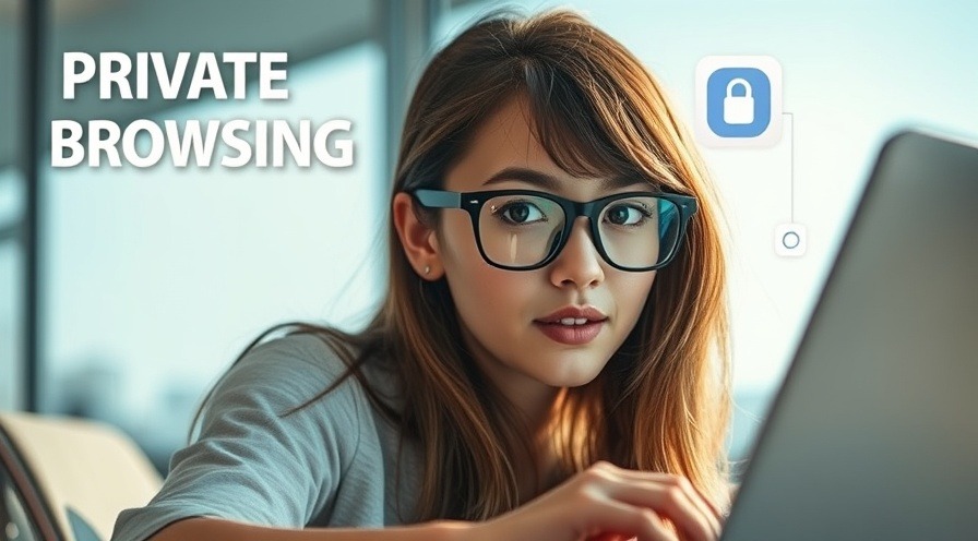 Curious young woman using laptop with browser reflected, digital privacy icons float nearby.