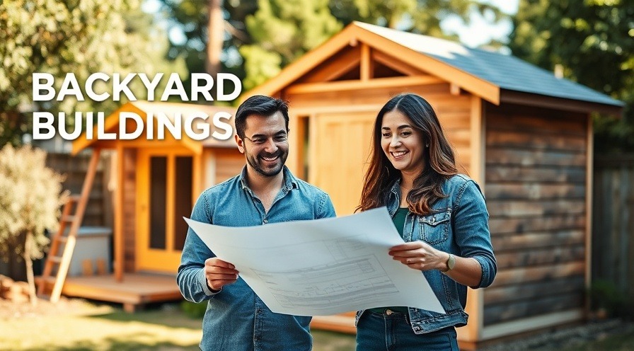 Cheerful couple examining backyard building blueprints with a wooden shed.