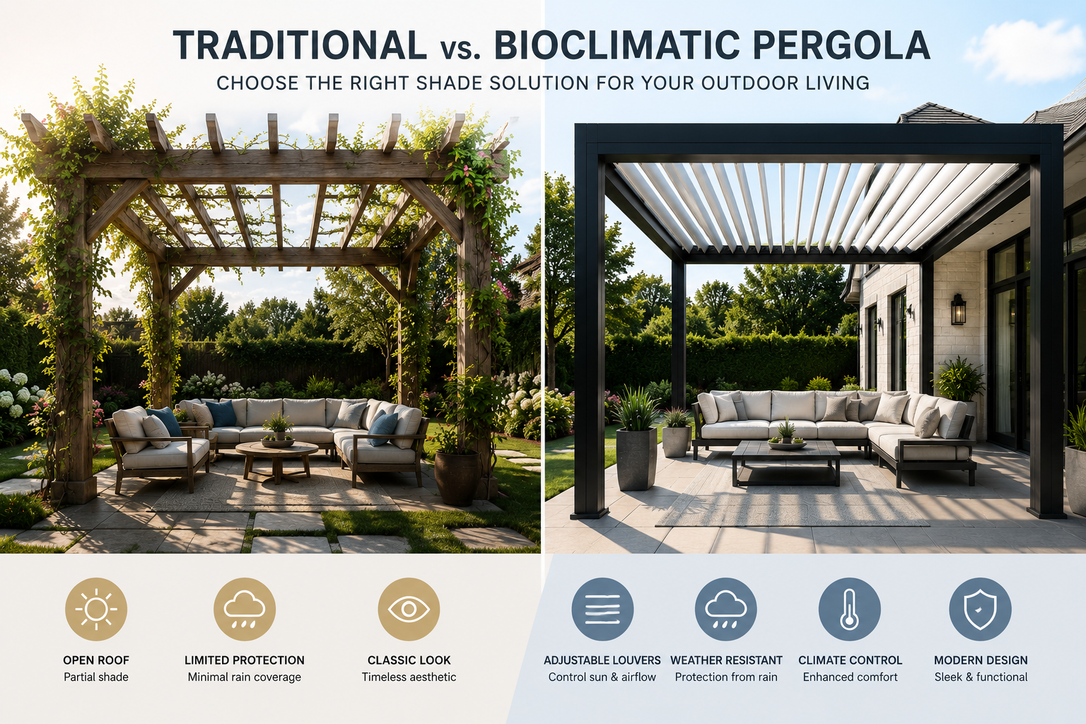 Traditional vs. bioclimatic pergolas comparison
