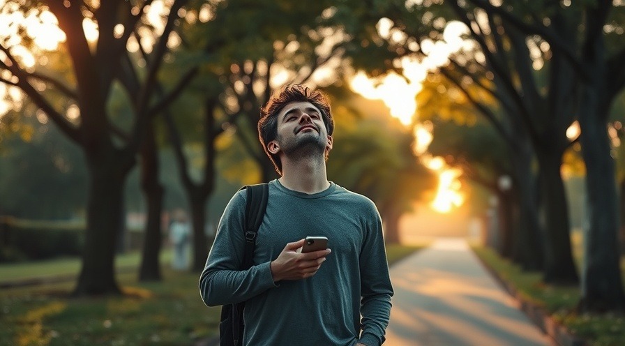 Photorealistic scene of an adult enjoying a peaceful park walk at golden hour.