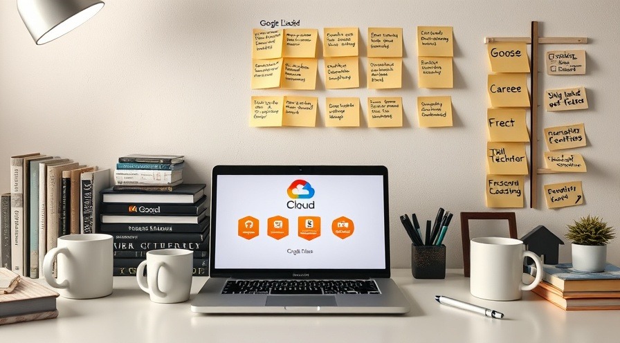 Modern desk with laptop showing Google Cloud badges, coffee mugs, and career notes.