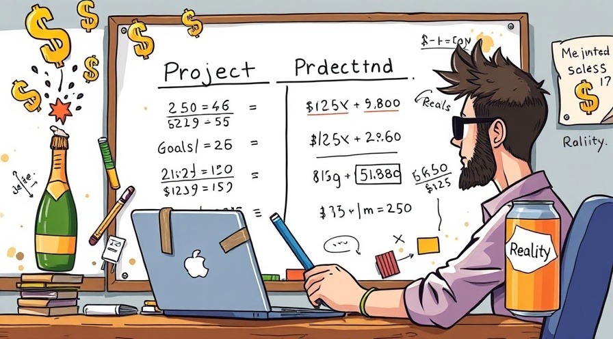 Comical project manager illustration with duct-taped laptop and budget calculations.