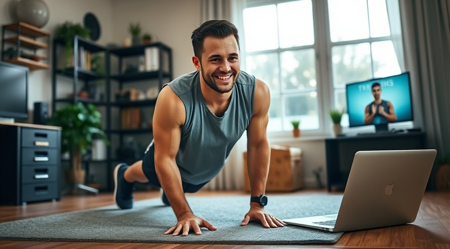 Smiling man in workout gear doing a burpee in home office, virtual trainer nearby.