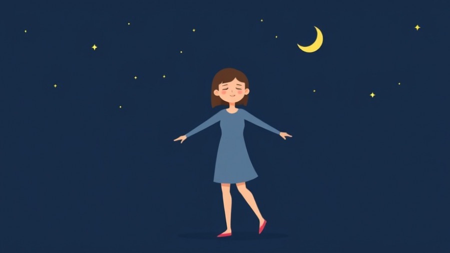 Cartoon woman sleepwalking on a starry night, illustrating somnambulism and safety concerns.